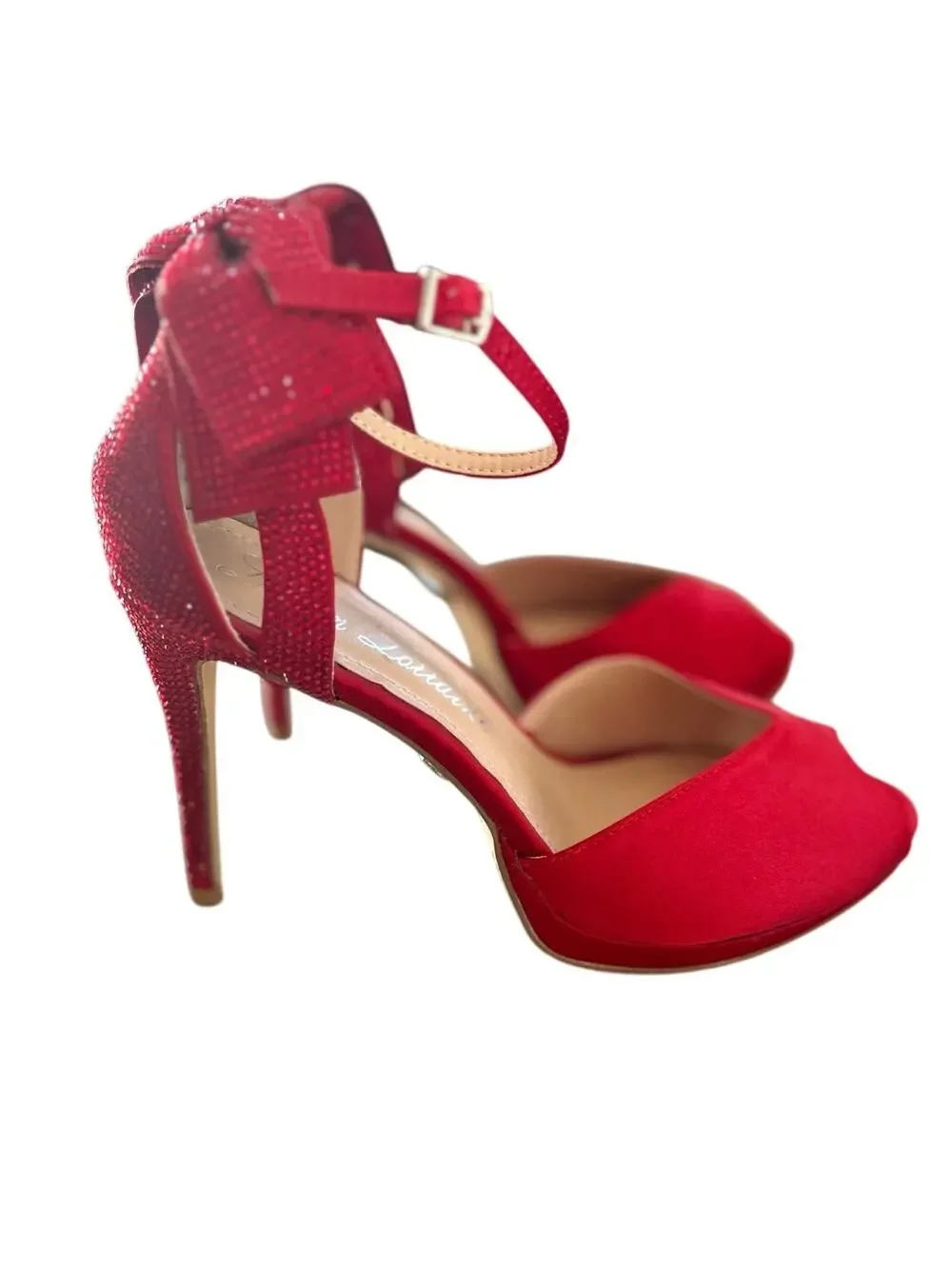 Lauren Lorraine Red Satin & Crystal Embellished Bow Ankle Strap Heels